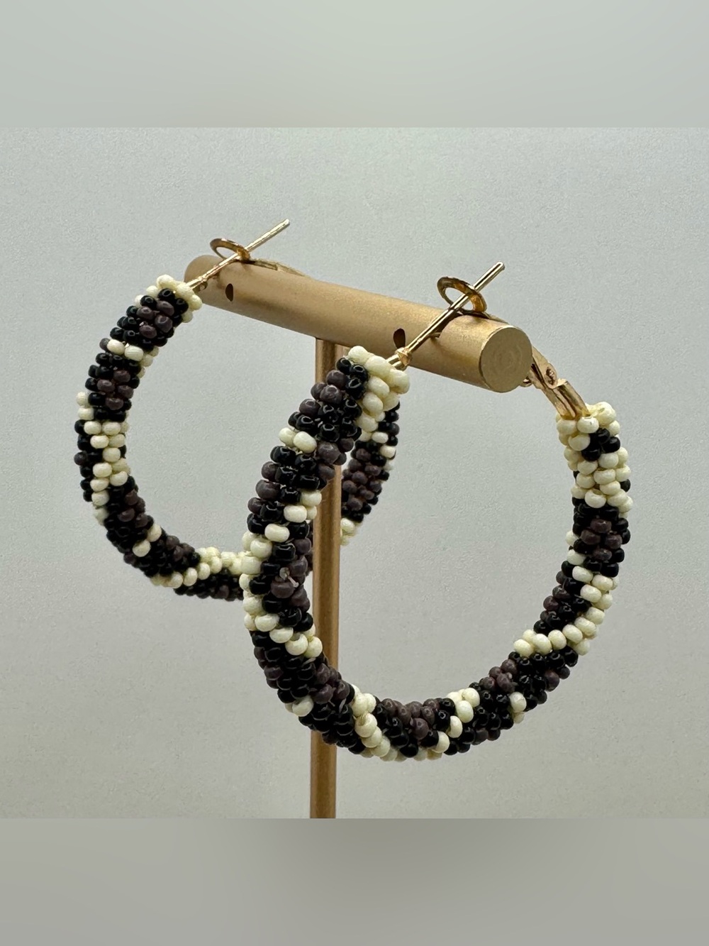 Animal Leopard Print Seed Bead Hoop Earrings Black, Brown, and Cream
